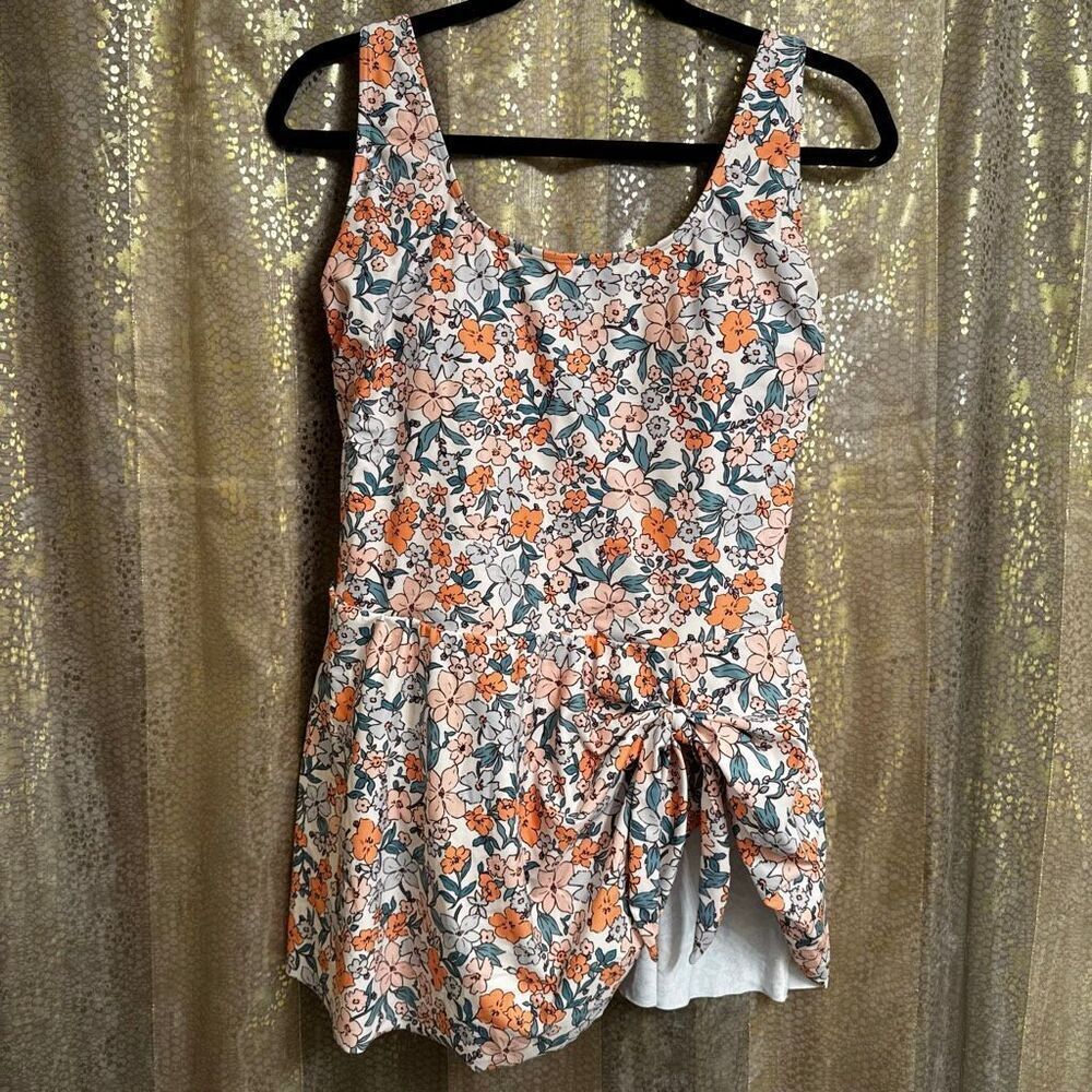 Cupshe Orange Peach Floral Scoop‎ Neckline Ruching Swimdress XL NWT